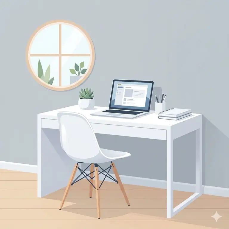 A high-quality wide-angle shot of a complete home office setup featuring a modern white desk with chair.