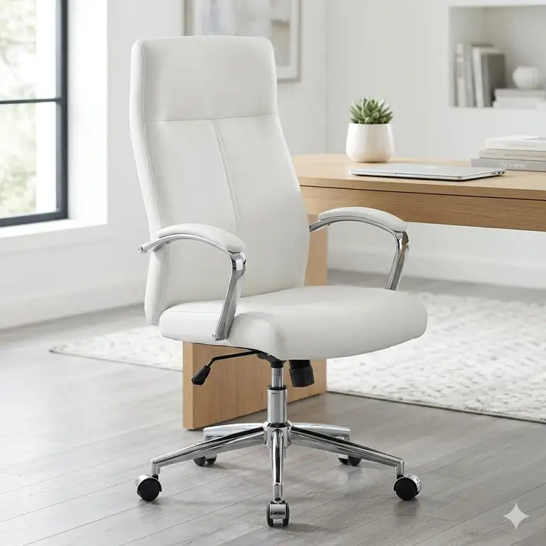 A professional studio shot of a modern white leather desk chair in a minimalist office.