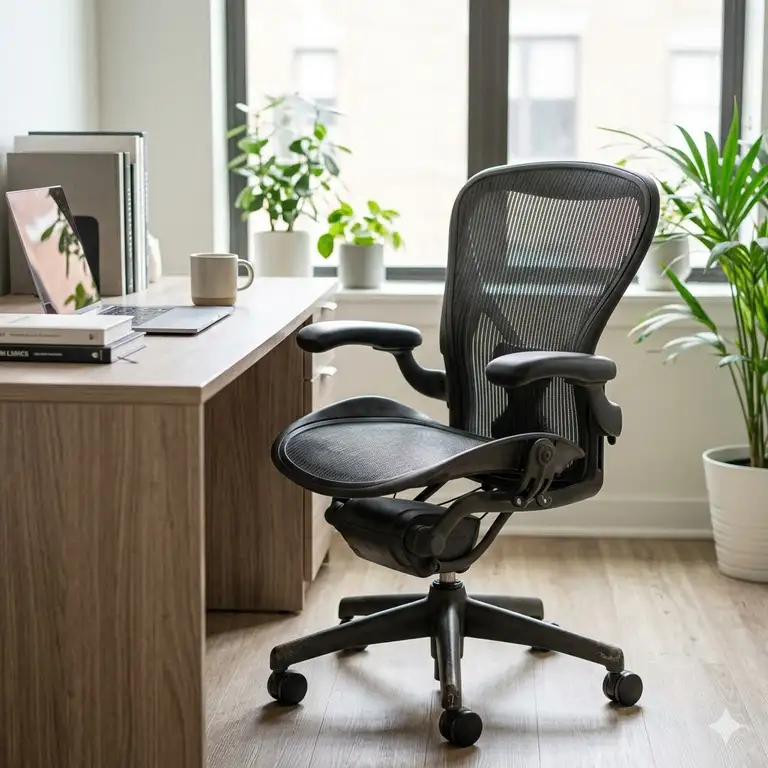 A pristine Herman Miller Aeron chair used in a modern home office setting, showing its classic mesh design and graphite frame.