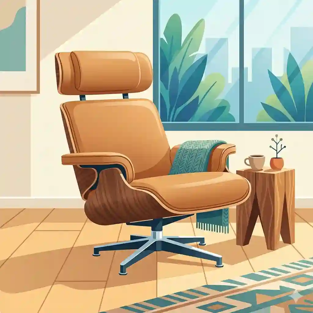 A classic mid century modern swivel chair in tan leather paired with a matching ottoman in a bright living room.