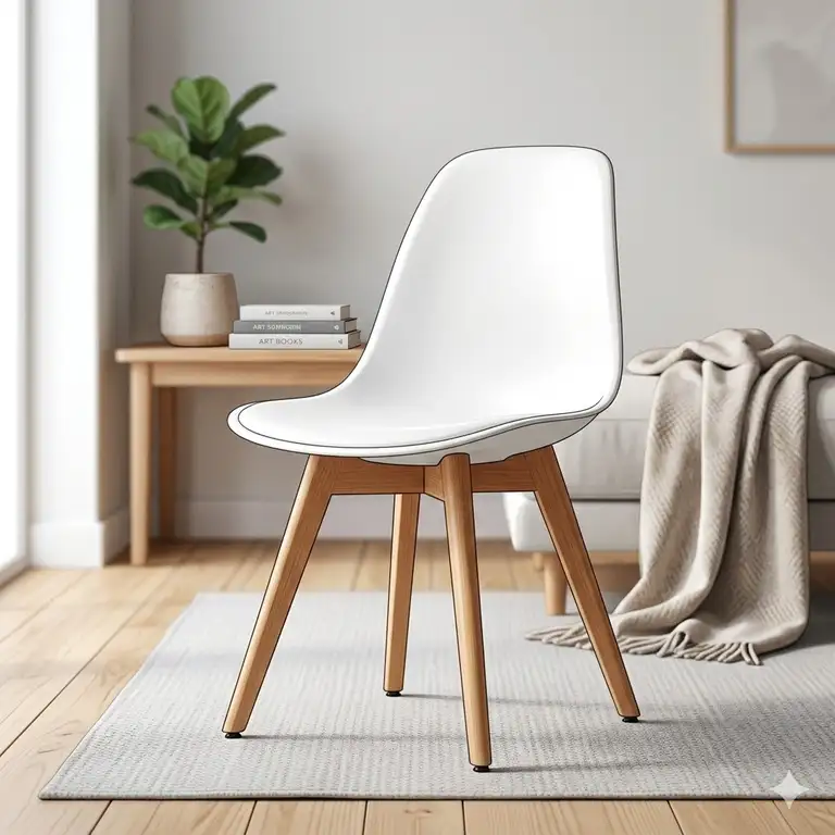 A sleek modern white chair with wooden legs set against a neutral living room background.