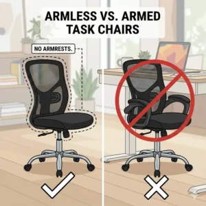 Demonstration of how the best armless office chair saves space by fitting perfectly under a compact desk.