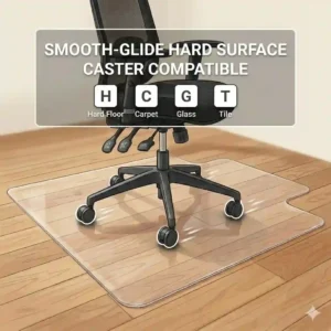 2. Transparent polycarbonate clear office chair mat protecting a dark wood floor from office chair scuffs.