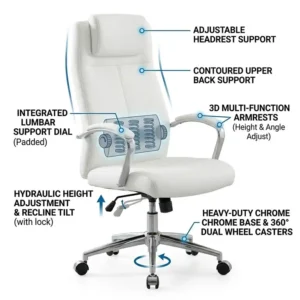 Illustration highlighting the ergonomic lumbar support of a white leather desk chair.