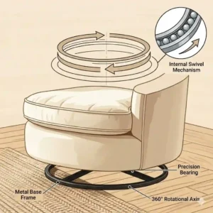 Diagram showing the 360-degree rotation base of a round circle swivel chair.