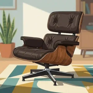 Illustration of a molded walnut plywood mid century modern swivel chair with black leather tufted cushions.