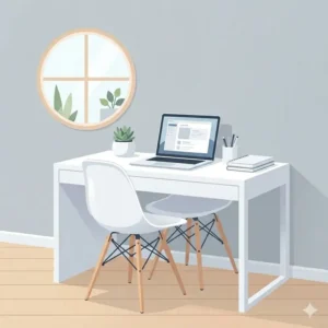A flat vector illustration showing a compact small space solution with a white desk with chair tucked into a corner.