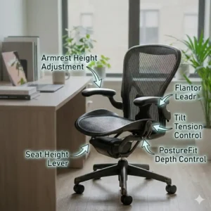Demonstrating the ergonomic seat height and armrest adjustments on a used Herman Miller Aeron chair.