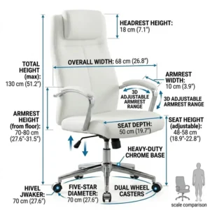 Technical diagram showing the height and width dimensions of a white leather desk chair.