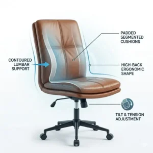 Line art graphic showing the curved ergonomic backrest support of a high-quality armless leather desk chair.