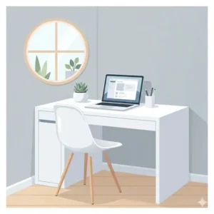An educational diagram demonstrating the correct ergonomic sitting posture at a white desk with chair.
