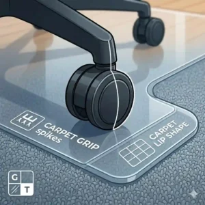3. Heavy duty clear office chair mat with spiked underside grip sitting on a plush gray carpeted floor.