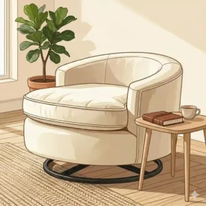 A cozy reading nook featuring a grey circle swivel chair next to a floor lamp.