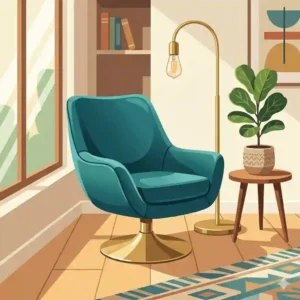 A retro mid century modern swivel chair styled next to a minimalist brass floor lamp and houseplant.