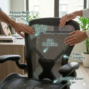 Close-up inspection of the breathable Pellicle mesh backrest on a secondhand Herman Miller Aeron chair to check for sags or rips.