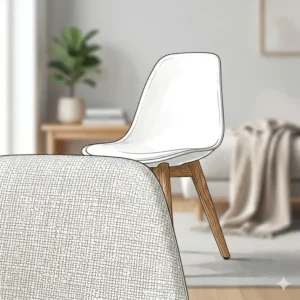 Ergonomic white chair positioned at a bright home office desk setup.
