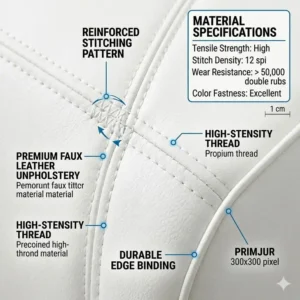 Close-up illustration of the premium upholstery texture on a white leather desk chair.