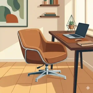 A modern home office setup featuring an ergonomic mid century modern swivel chair with a chrome base.
