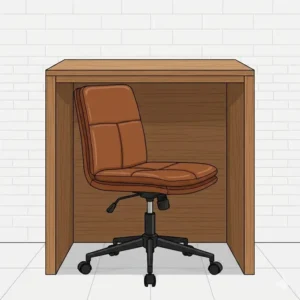 A space-saving armless leather desk chair seamlessly sliding completely underneath a small apartment computer desk.