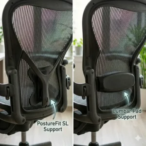 Comparing the PostureFit and classic lumbar support pads available on different models of a used Aeron chair.