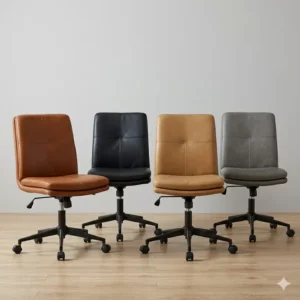 A lineup of the armless leather desk chair displaying various color options including black, tan, and cream finishes.