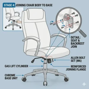 Step-by-step guide showing how to assemble a high-back white leather desk chair.