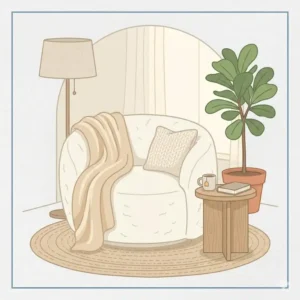 5: A cozy decor concept featuring a big round chair in a reading nook.