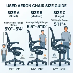 Size chart guide (Sizes A, B, and C) to help buyers select the right fit when shopping for a Herman Miller Aeron chair used.