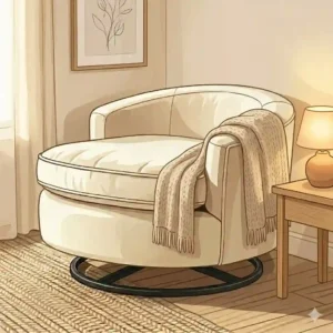 Small oversized circle swivel chair placed in a bedroom corner for a cozy seating area.