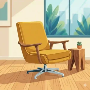 Illustration of a vibrant mustard yellow fabric mid century modern swivel chair on a polished hardwood floor.
