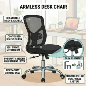 Close-up illustration of the ergonomic lumbar support built into the best armless office chair.
