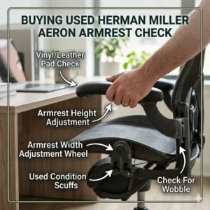 A detailed check of the adjustable vinyl or leather armrests when buying a used Herman Miller Aeron office chair.