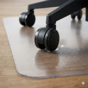 6. Caster wheels of an office desk chair gliding smoothly across an anti-skid clear office chair mat.