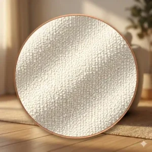 Close-up illustration of the textured boucle fabric on a white circle swivel chair.