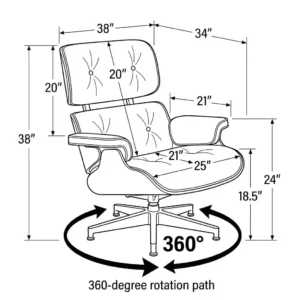 Diagram showing the standard dimensions, seat height, and 360-degree rotation path of a mid century modern swivel chair.