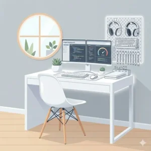 A close-up illustration focusing on storage organization within a white desk with chair.