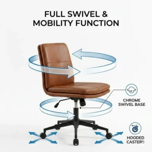 Technical drawing detailing the 360-degree swivel mechanism and chrome wheeled base of an armless leather desk chair.
