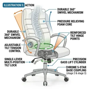 Graphic demonstrating the 360-degree swivel and tilt function of a white leather desk chair.