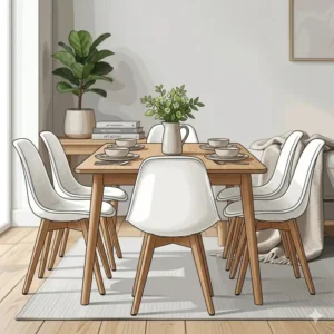 A set of contemporary white chairs arranged around a wooden dining table.