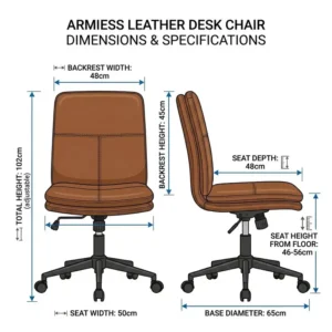 Blueprint diagram showing the exact height, width, and seat depth dimensions of a standard armless leather desk chair.