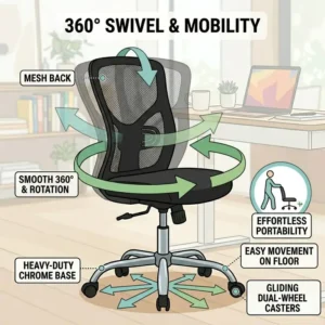 Visualizing the 360-degree rotation and smooth mobility of the best armless office chair.