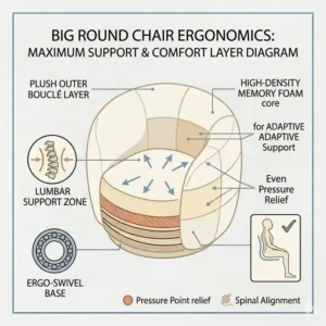 7: A graphic showing the ergonomic comfort support of a big round chair.