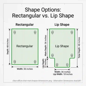 7. Illustration layout comparing rectangular and classic lip shape dimensions for a clear office chair mat.
