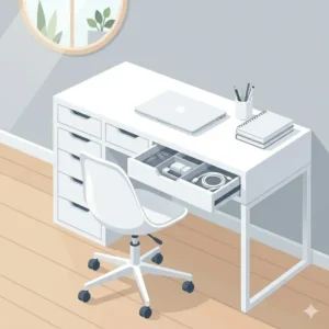 A professional mood board showing different wall color palettes that match a white desk with chair.