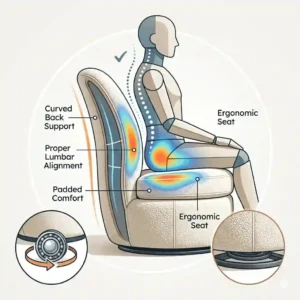 Illustration highlighting the curved backrest and ergonomic support of an ergonomic circle swivel chair.