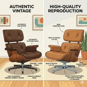 Side-by-side comparison illustration of an authentic vintage mid century modern swivel chair and a high-quality reproduction.
