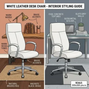 Interior design guide featuring a white leather desk chair in different office themes.