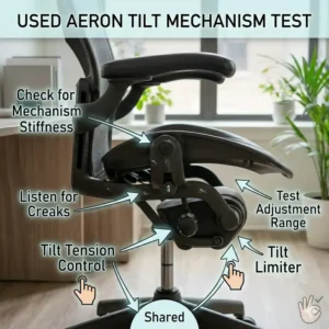 Side profile view testing the tension control knob and tilt limiter mechanism on a pre-owned Herman Miller Aeron chair.