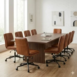 A modern minimalist conference room styled with multiple mid-century armless leather desk chairs around a large table.
