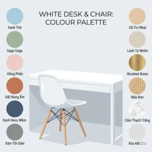 A technical drawing and dimension guide showing the exact measurements of a white desk with chair.